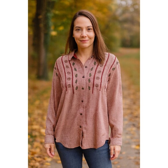 Vintage Teddi Women’s Cottagecore Embroidered Gingham Shirt Rustic Country PL - Picture 2 of 7